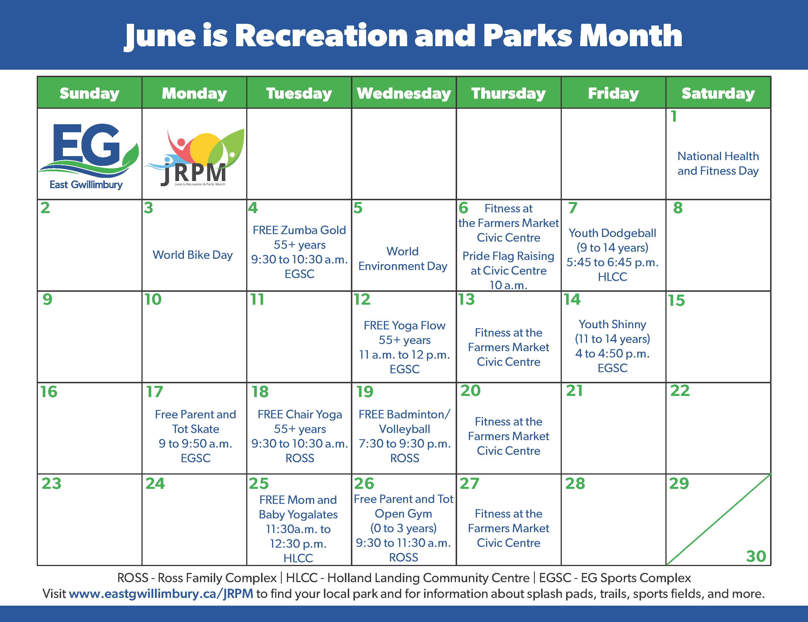 Recreation and Parks Month Schedule