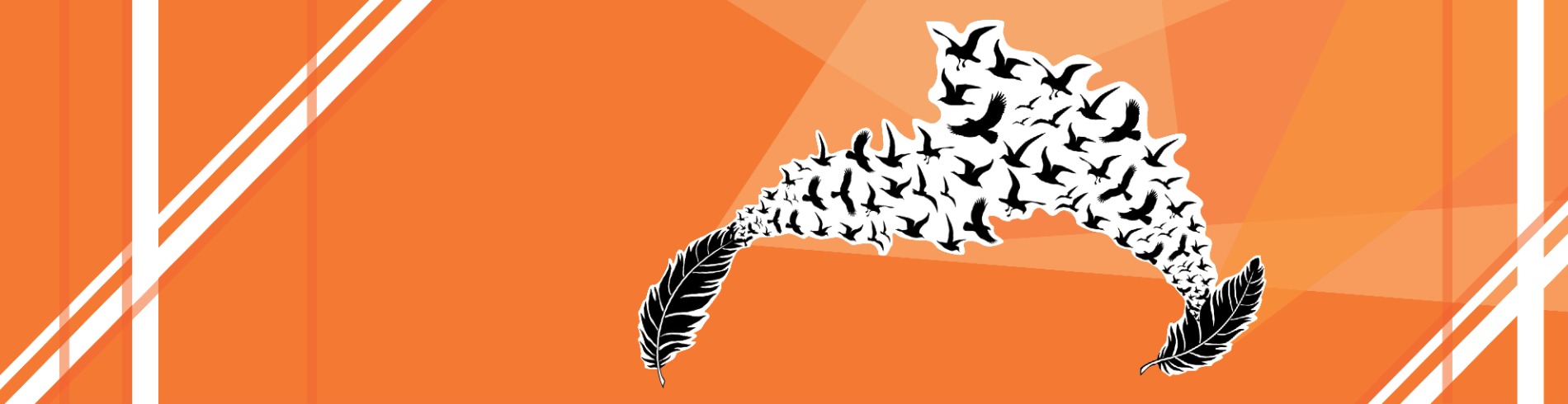 Orange background with bird silhouettes flying out of two feathers