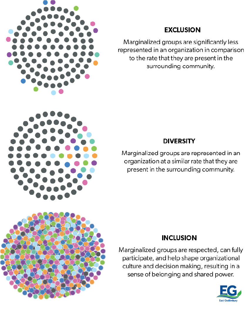 Model using coloured dots to explain Equity, Diversity and Inclusion