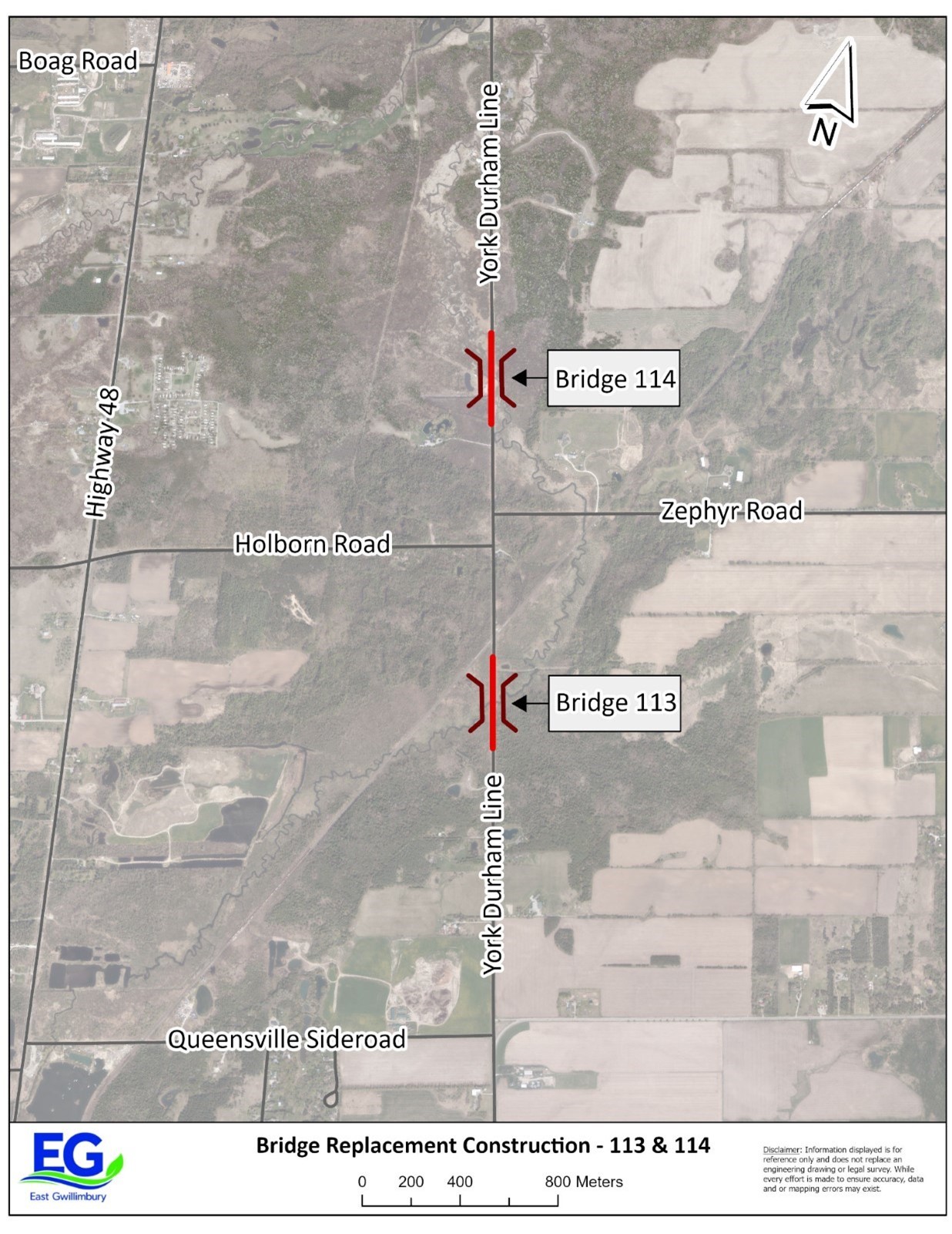 Map of York Durham Line Bridge 113 and Bridge 114