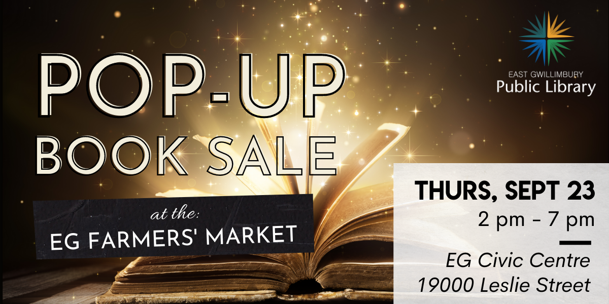 Pop-up book sale at farmers' market - EGPL ad