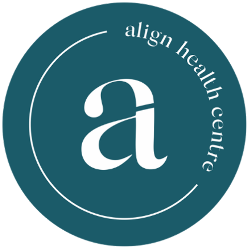 Align Health Centre logo featuring a white lowercase “a” and the words “align health centre” arranged along a curved line inside a teal circular background.