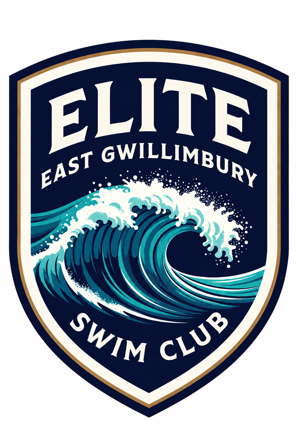 East Gwillimbury Elite Swim Club crest featuring a stylized turquoise and white breaking wave on a navy blue shield with white and gold borders, and the club name in bold white lettering.