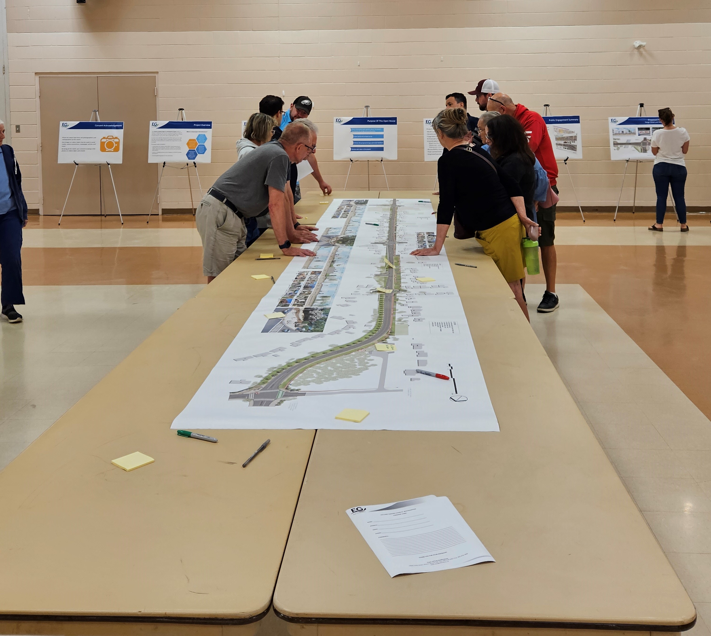 Photo of people gathering around a table reviewing plans