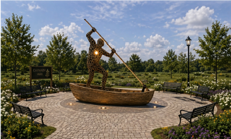 Rendering of a public art piece in Carnaby Park. The art piece is a person standing in canoe holding a paddle.
