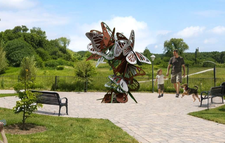Rendering of a public art piece in Carnaby Park. The sculpture rending is in the park and is made up of butterflies stacked on top of eachother