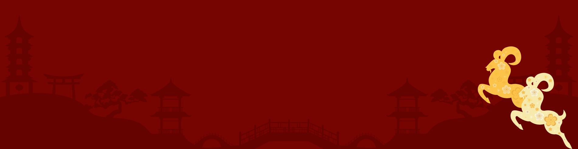 Decorative Lunar New Year banner featuring two gold goats across the right side of a rich red background. 