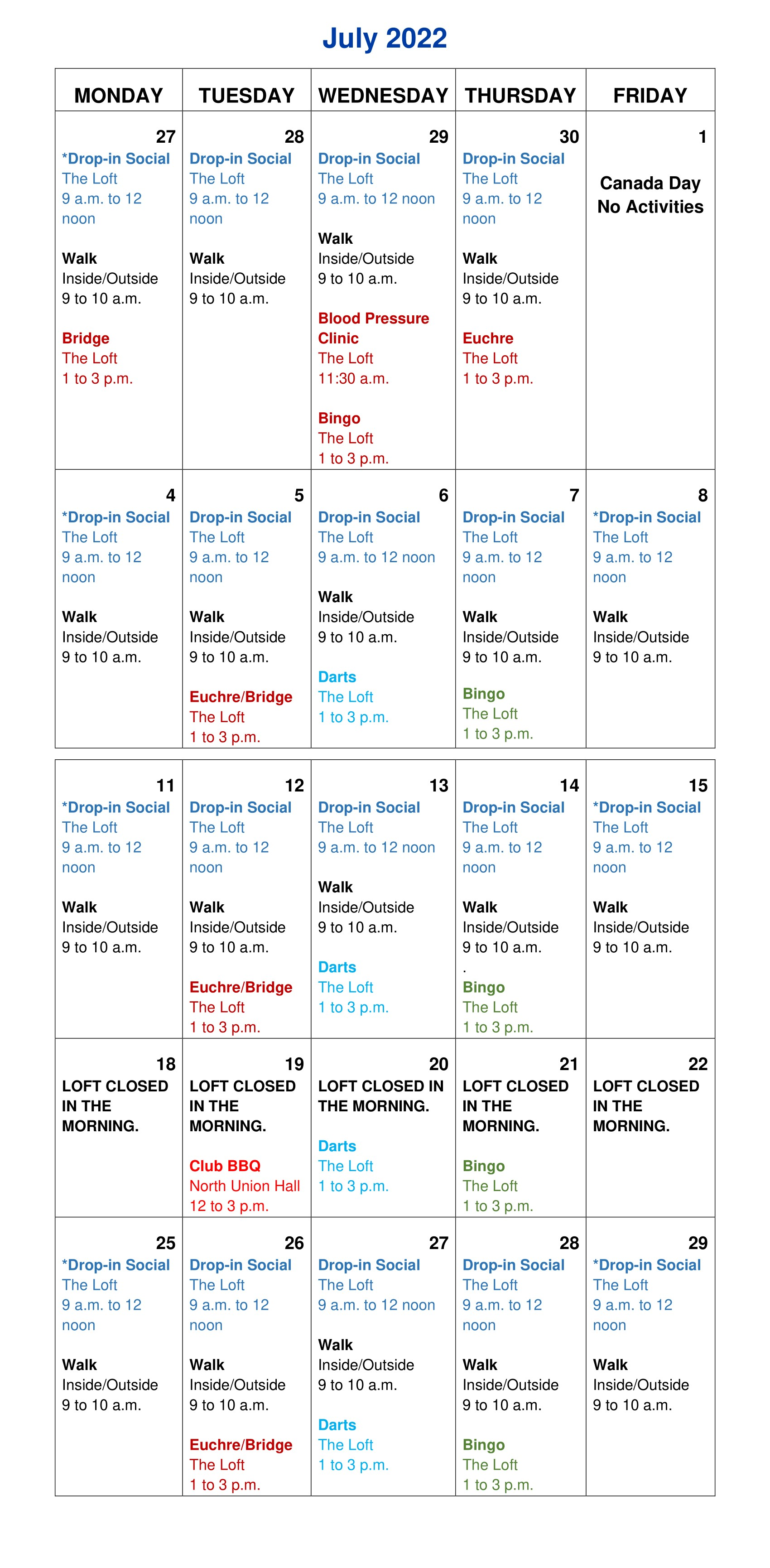 July 2022 activity calendar