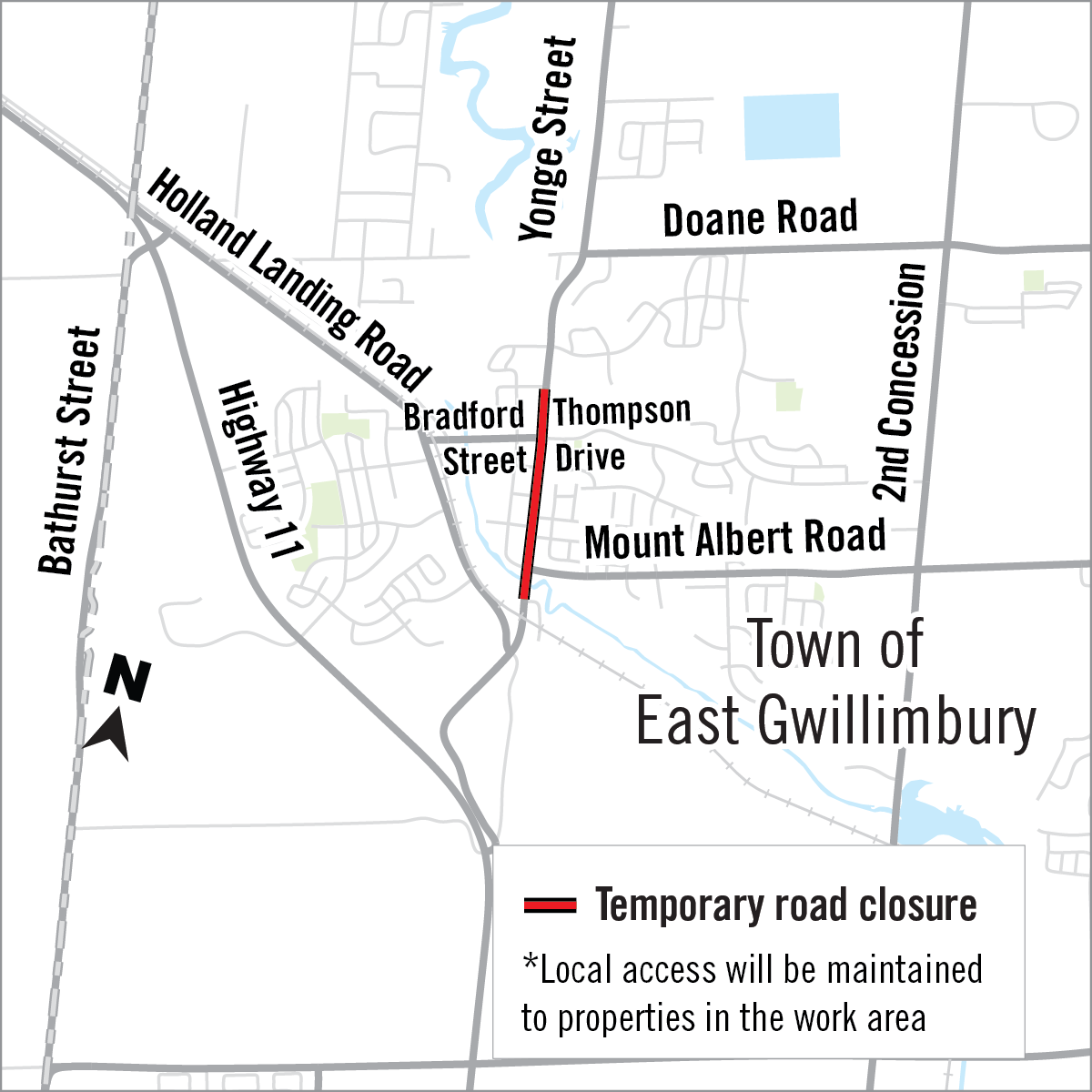 Map of Holland Landing showing temporary road closure on Yonge Street
