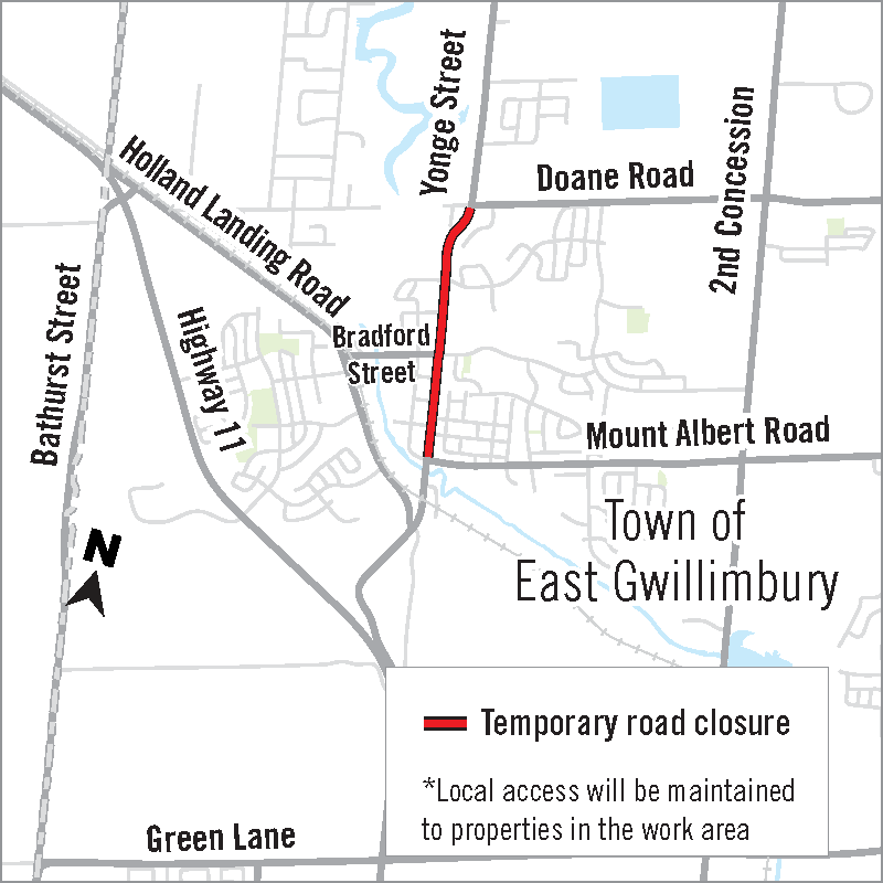 Map of the Yonge Street road closure in Holland Landing