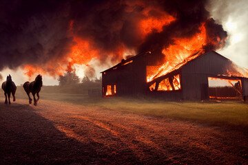 Barn on Fire with Horses running