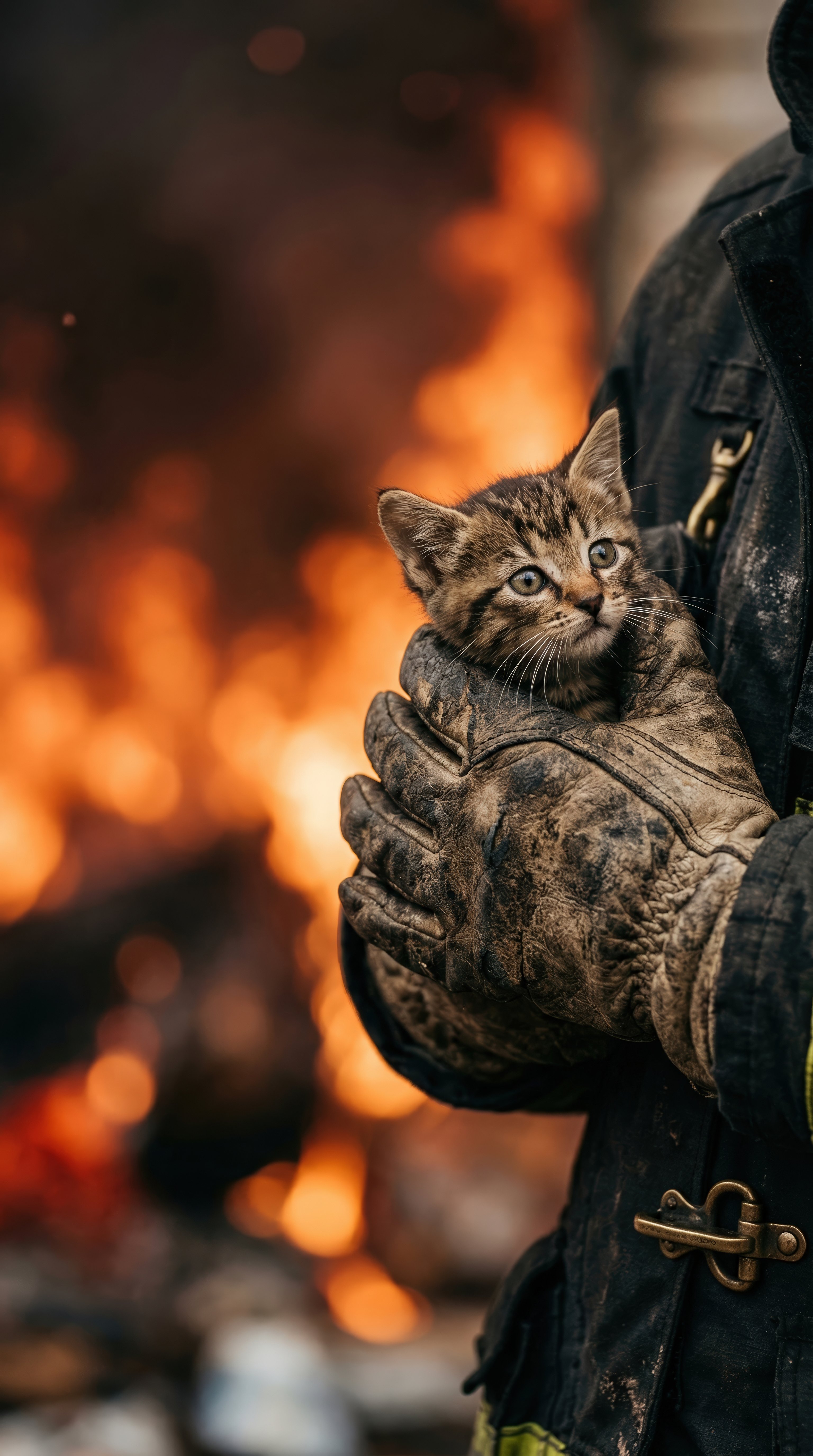 Firefighter holding a kitten outside of a house fire