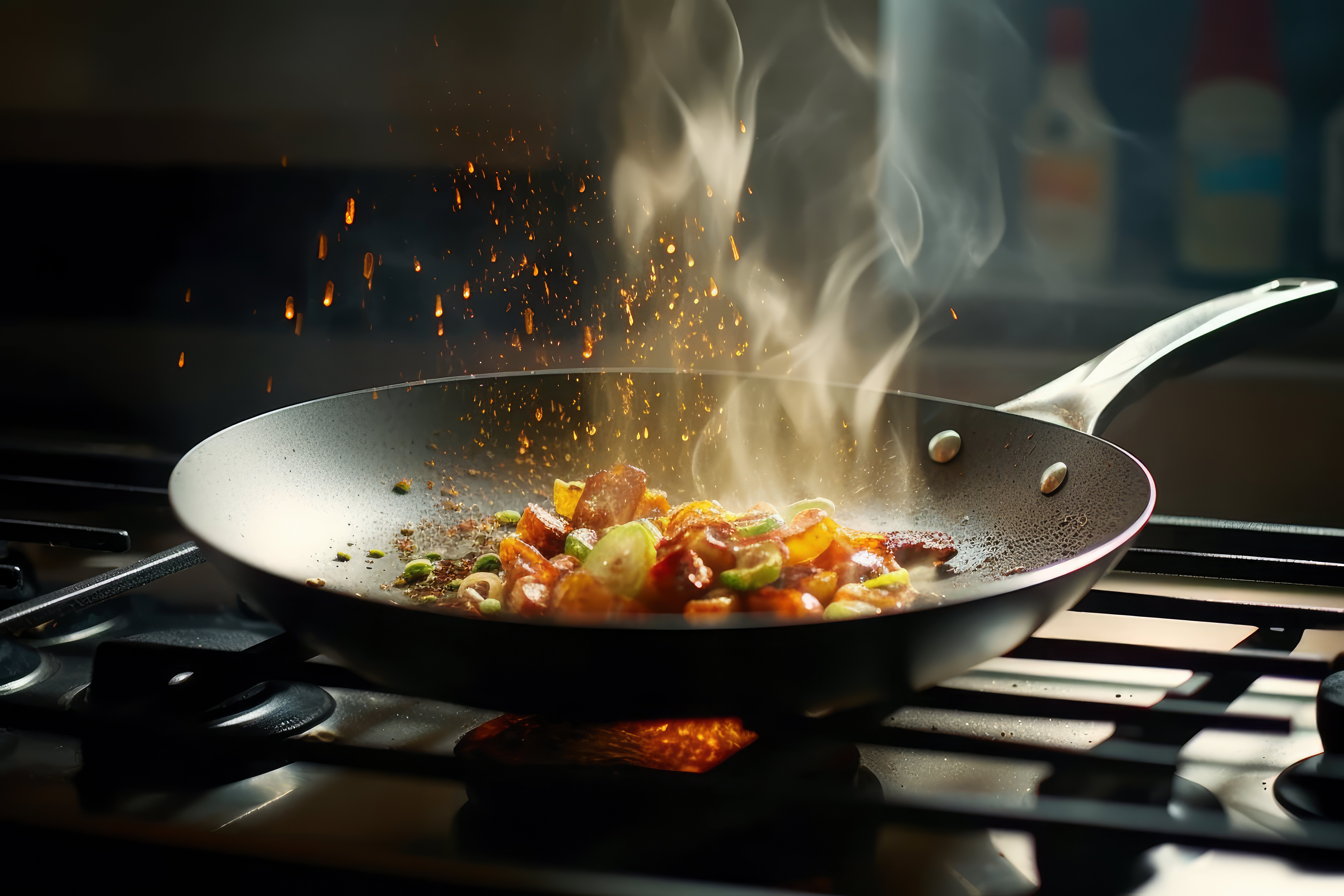 Food frying in pan on gas stove
