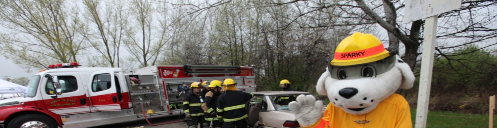 Sparky the Fire Dog watched firefighters practicing rescue skills.