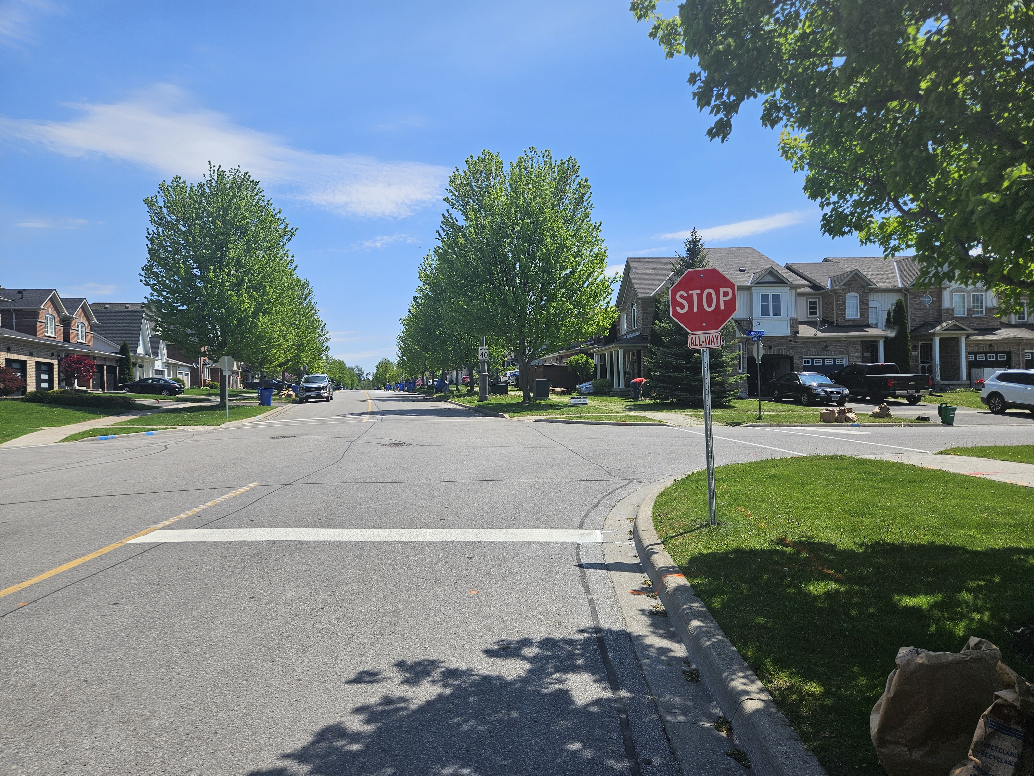 Residential intersection with an all-way stop sign, lined with single-family homes, green lawns, and leafy trees under a clear blue sky. A car approaches in the distance, and blue recycling bins are visible along the curb.