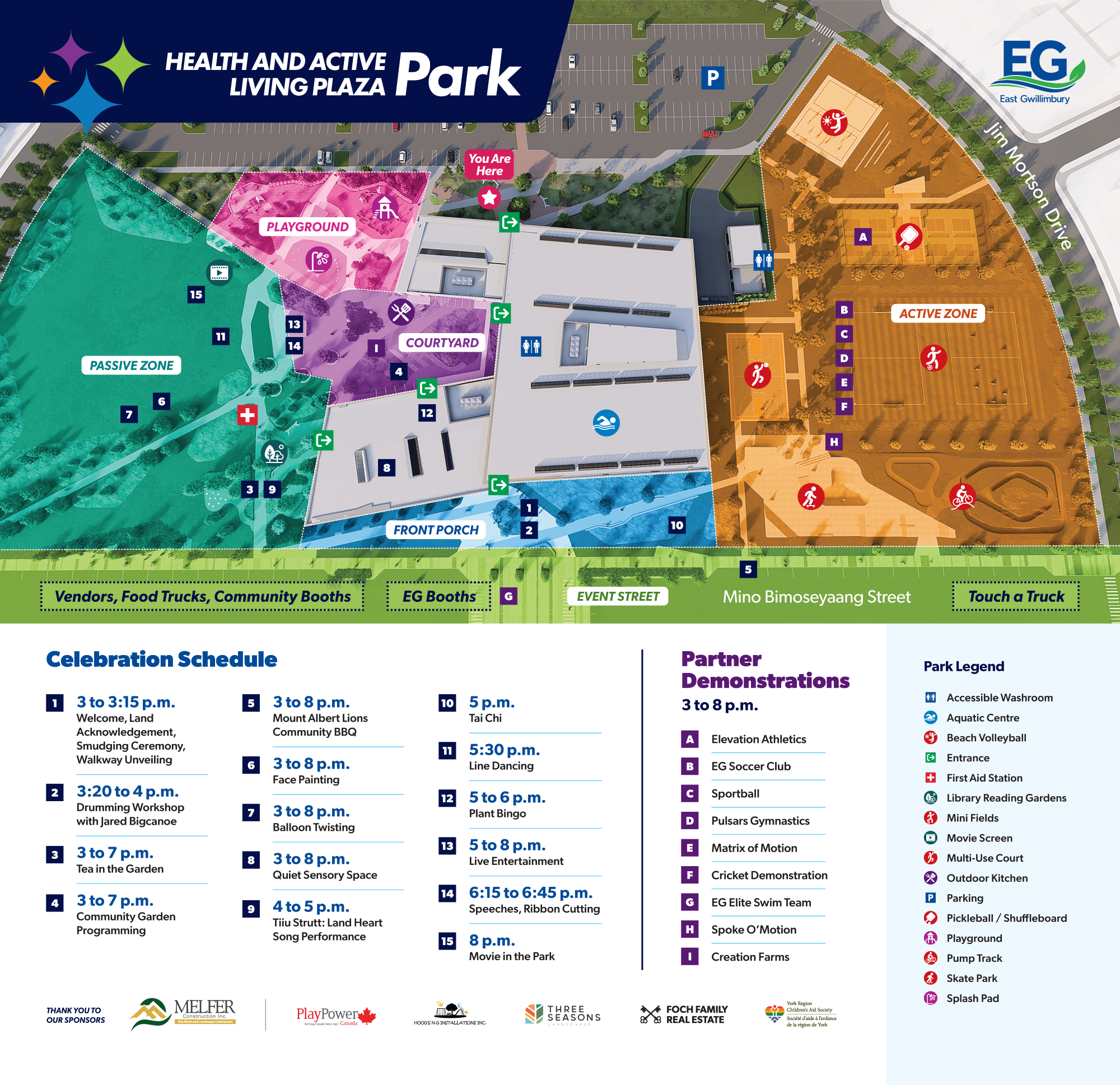 Illustrated wayfinding map for the Health and Active Living Plaza Park celebration in East Gwillimbury. The map shows the facility, parking areas, entrances, washrooms, aquatics centre, playground, splash pad, active and passive recreation zones, sports courts, pump track, and community garden. Colour-coded areas identify event locations, partner demonstrations, vendor and booth spaces, and activities throughout the park. Below the map is a celebration schedule listing activities from 3 to 8 p.m., including a welcome ceremony, drumming workshop, tea in the garden, live entertainment, ribbon cutting, Tai Chi, line dancing, and a movie in the park. A legend explains park amenities and event symbols. The Town of East Gwillimbury logo and sponsor logos appear on the graphic.