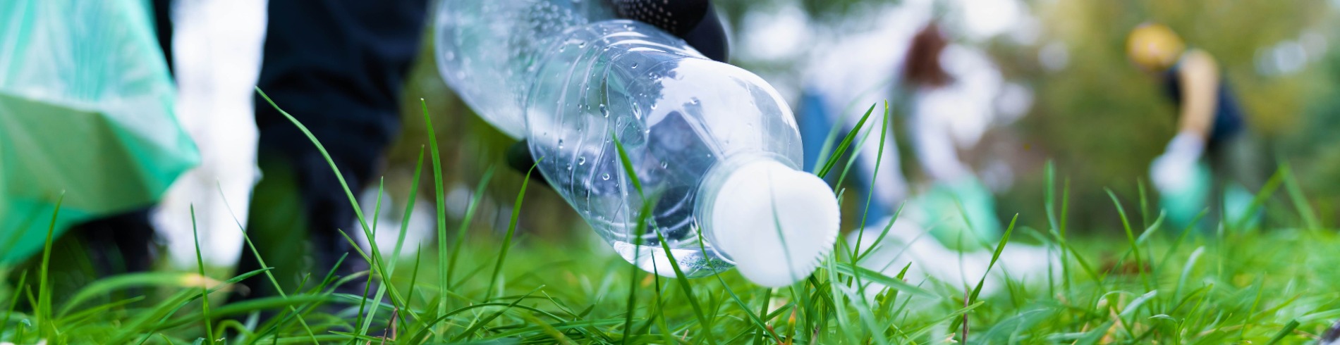 Person picking up used water bottle in park