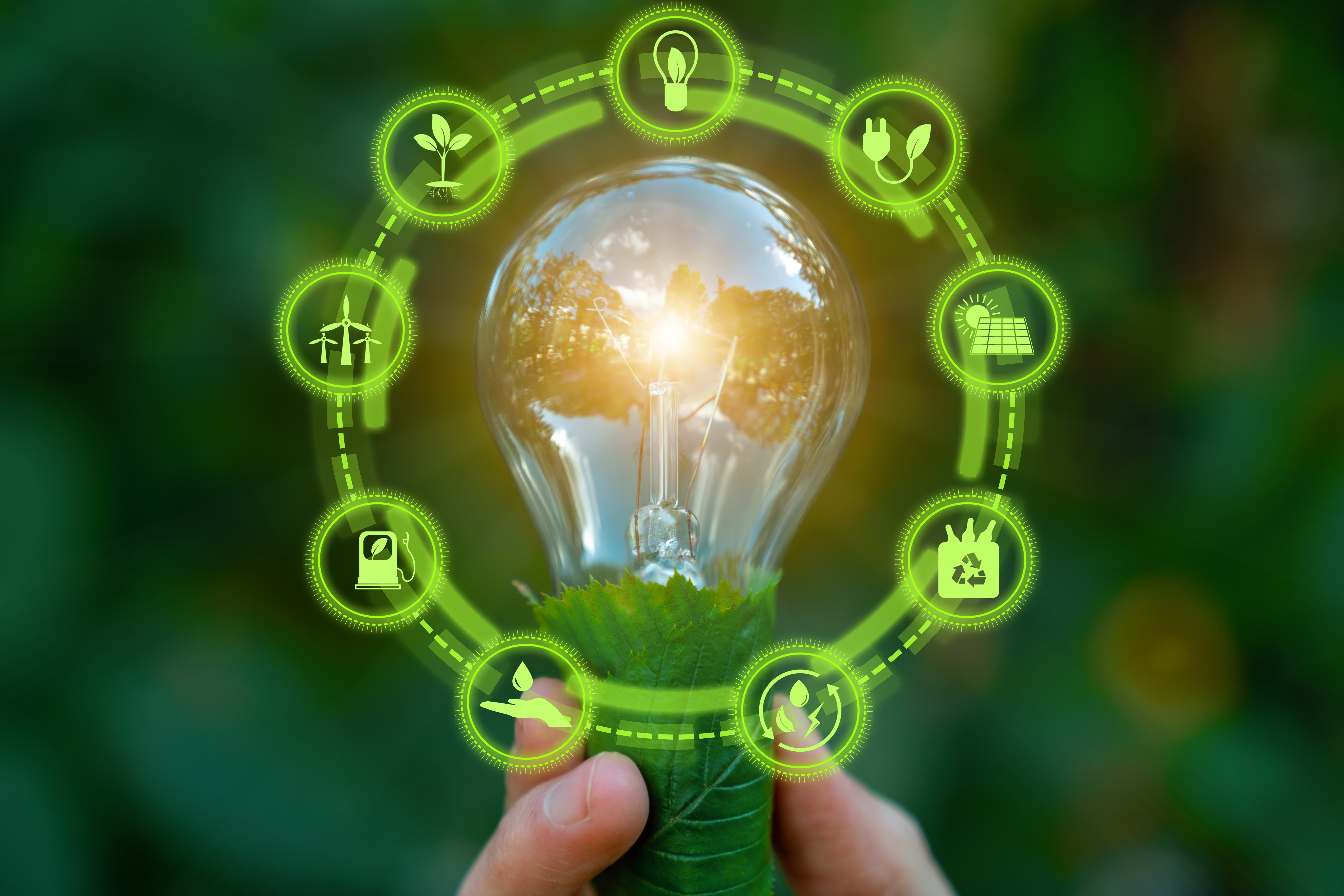 Green energy Green energy innovation light bulb with future industry of power generation icon graphic interface. Concept of sustainability development by alternative sources renewable. Ecology and environment