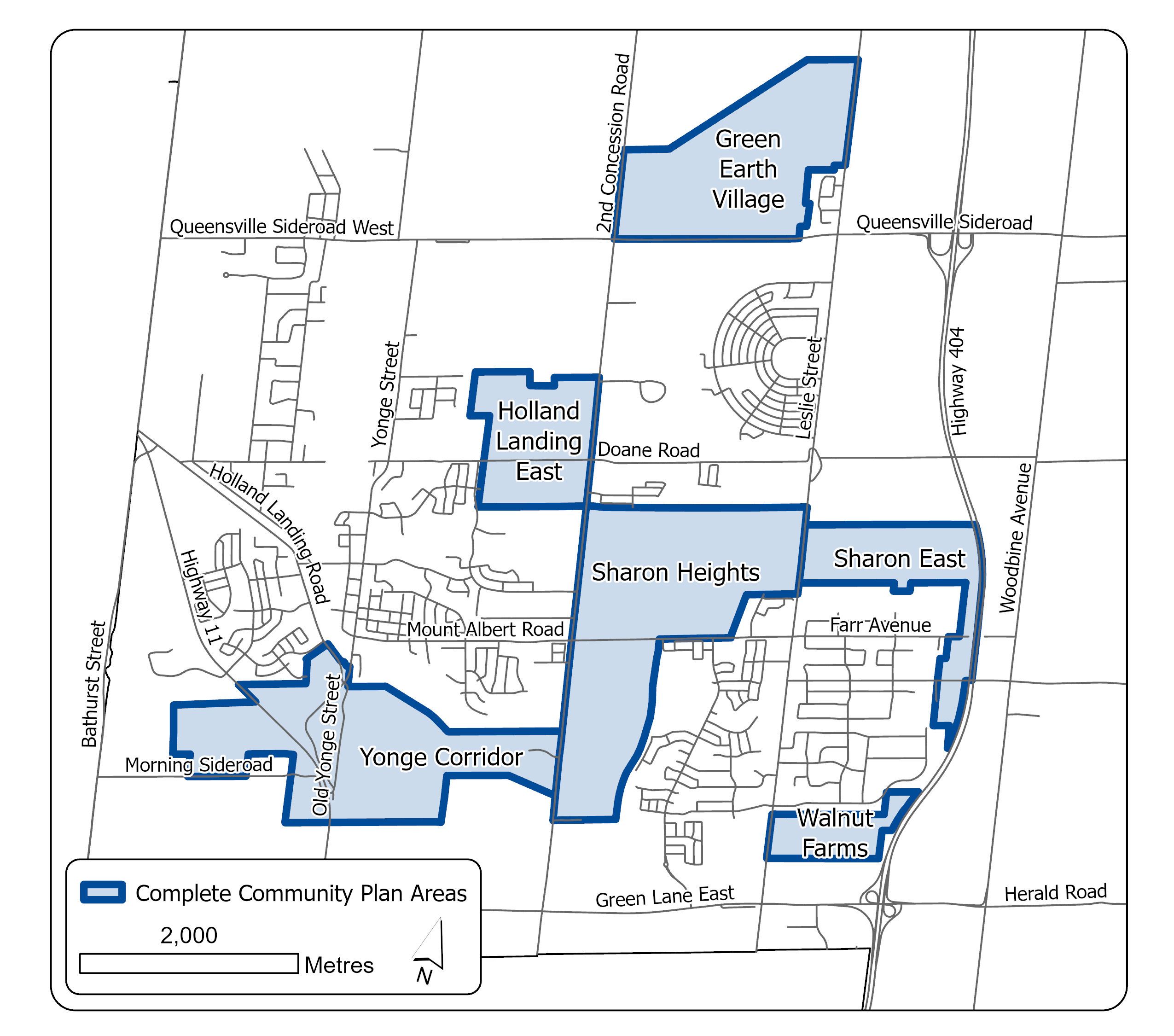 Map showing designated Complete Community Plan Areas in the Town of East Gwillimbury. Highlighted areas outlined in blue include Green Earth Village near Queensville Sideroad and 2nd Concession Road, Holland Landing East, Sharon Heights, Sharon East, Walnut Farms, and the Yonge Corridor. Major roads and landmarks labeled include Yonge Street, Old Yonge Street, Highway 404, Woodbine Avenue, Green Lane East, Mount Albert Road, Doane Road, and Queensville Sideroad. A legend identifies the shaded blue areas as “Complete Community Plan Areas,” and a scale bar indicates 2,000 metres.