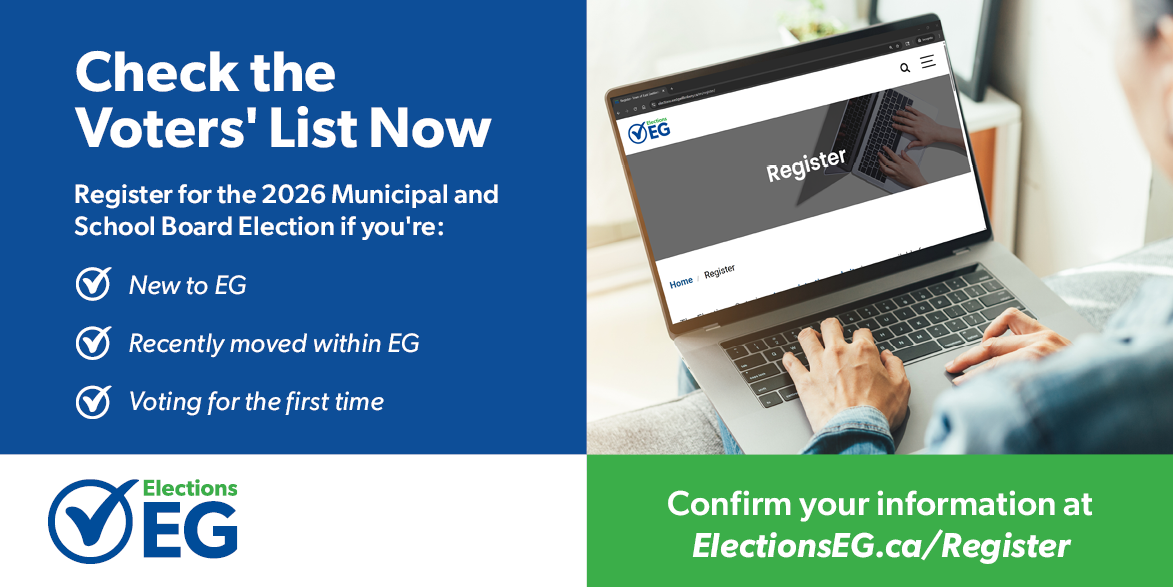 Promotional graphic encouraging people to check the voters’ list for the 2026 municipal and school board election, with a laptop showing the Elections EG registration page.