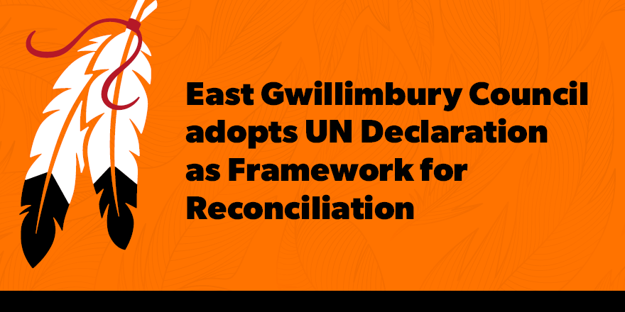 An orange background with a subtle leaf pattern features a white feather with orange and black accents on the left. Large black text reads: “East Gwillimbury Council adopts UN Declaration as Framework for Reconciliation.”