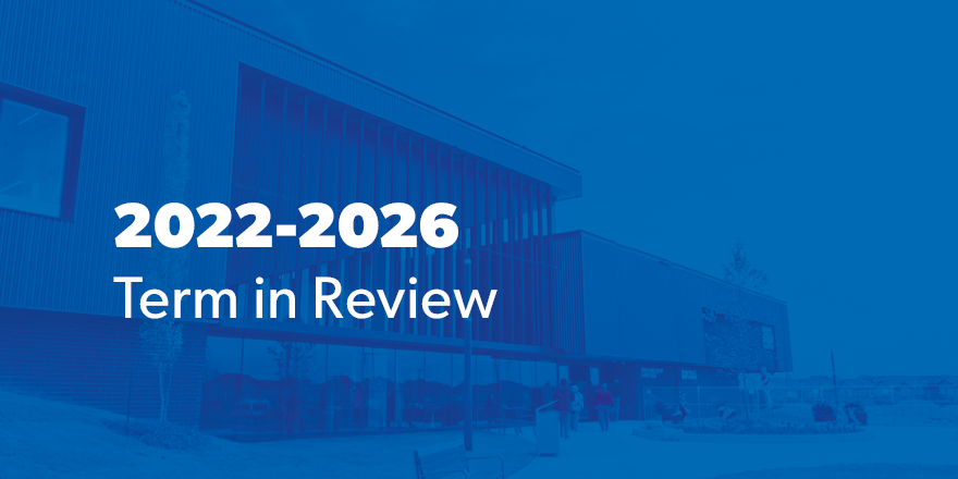 Graphic titled “2022–2026 Term in Review” featuring the Town of East Gwillimbury logo, a modern municipal building.