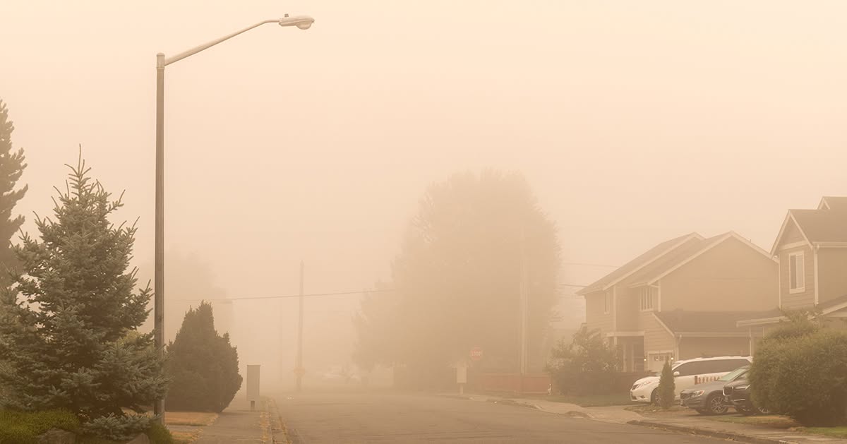 A residential street covered in thick smoky haze, significantly reducing visibility. Trees, homes, parked vehicles, and a streetlight are partially obscured by the smoke, giving the scene a muted orange-brown appearance indicative of poor air quality.