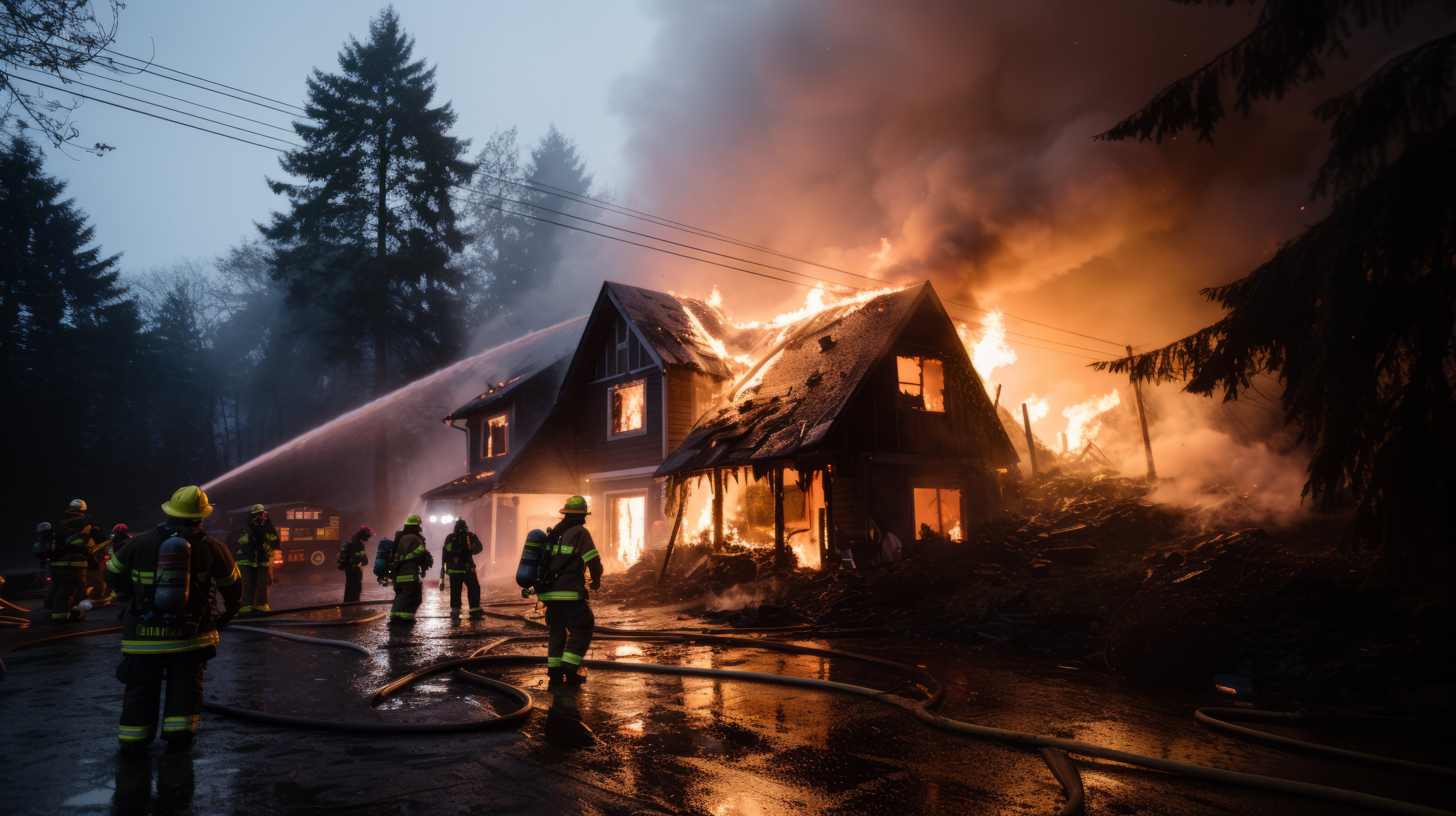 Home engulfed in flames with firefighters spraying water on it