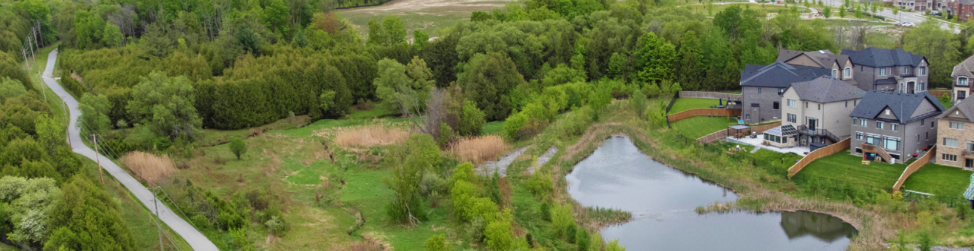 Aerial view of a neighbourhood and stormwater management pond