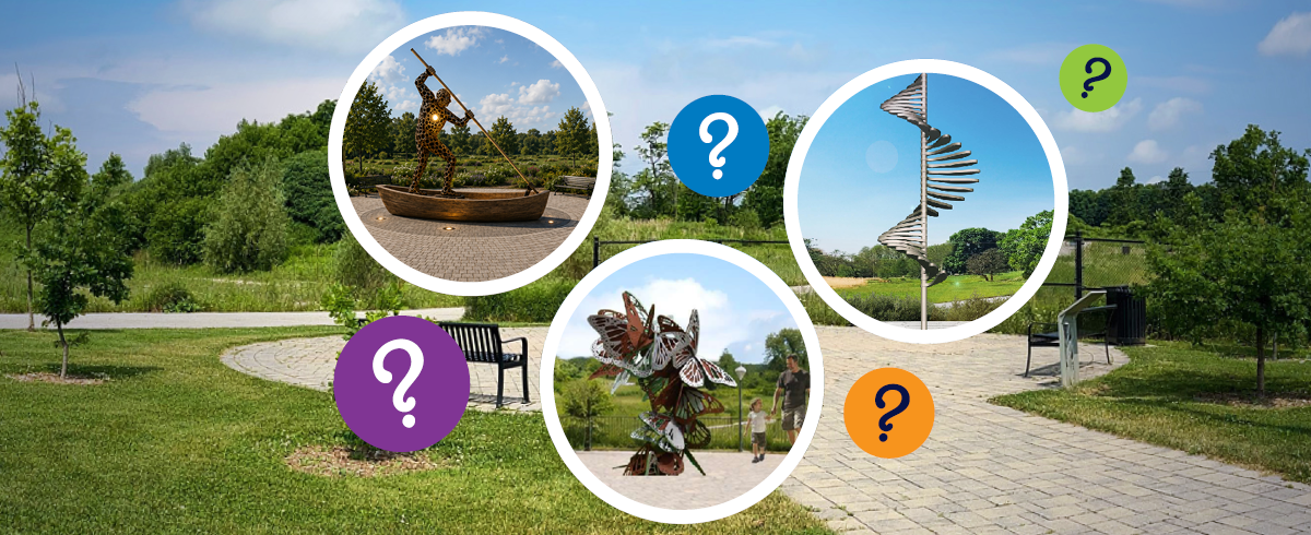 Promotional graphic for East Gwillimbury featuring a park setting with paved pathways, grass, trees, benches, and a scenic natural backdrop. Three circular inset photos highlight outdoor public art installations: a metal sculpture of a figure standing in a boat and holding a long pole, a tall spiral metal sculpture against a blue sky, and a butterfly-inspired metal sculpture beside a walkway. Three colorful question mark icons are placed near the artwork images, suggesting a survey or quiz. The East Gwillimbury logo appears in the lower-left corner.