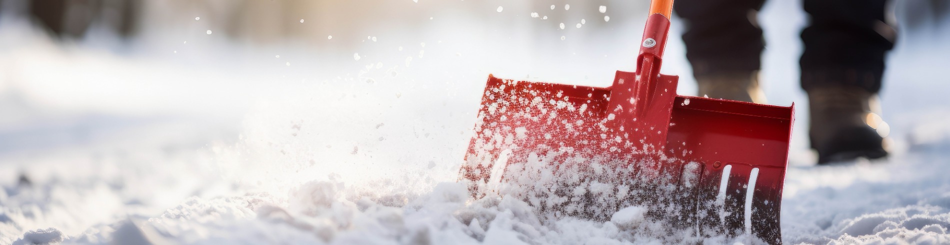 Zoomed in shot of person clearing snow with red shovel